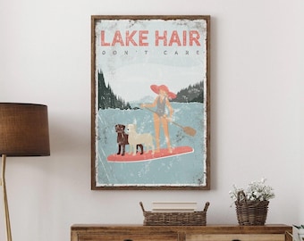 coral LAKE HAIR sign > personalized paddleboarding poster, vintage lake house decor, labrador mom gift, for her, custom lake life art {vpl}