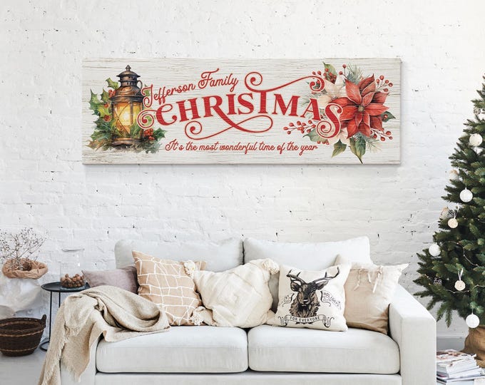 Gallery Wall Art, Personalized Family Christmas Sign with Vintage Lantern and Red Poinsettia