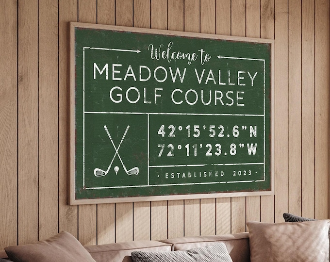 Custom Golf Course Sign: Family Name, Coordinates - Farmhouse Style