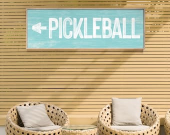 Vintage Pickleball Sign, Aqua Blue Arrow (Distressed Wood, Customizable)