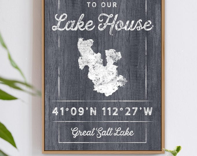 Sunset Lake Sign With Your Own Coordinates, White Map Outline On Charcoal