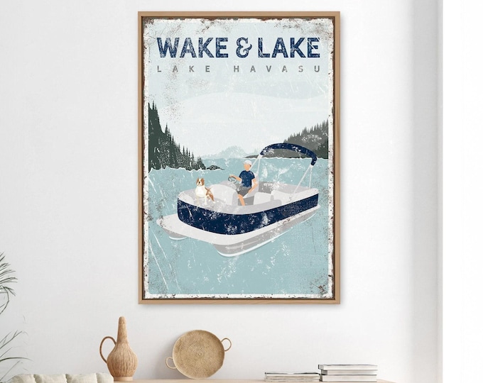 Rustic Lake Canvas Art: Vintage Navy Blue, Custom Pontoon & Dog (Framed or Unframed)