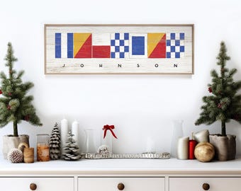 Nautical Flag Wall Art - Personalized Name on Canvas with Rustic Frame