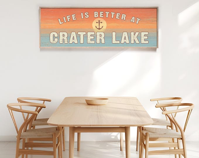 Custom Life is Better at YOUR LAKE NAME Wooden Canvas Sign for Modern Coastal Decor, Personalized Housewarming Gift Idea, Crater Lake Art