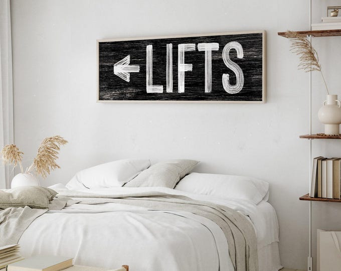 Retro Ski Lifts Sign: Black and White, Faux Weathered Wood