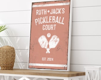 Personalized PICKLEBALL COURT Sign with Paddle icon, Custom Text, Colors and Year Established, in Pink and White, Pickleball Gift Ideas