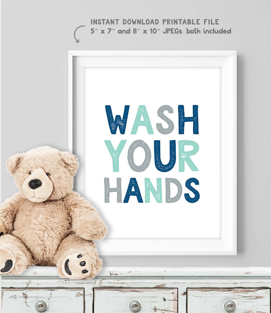 Wash Your Hands Poster / Wall Art Print DIY / Bathroom Sign, NAVY MINT ...