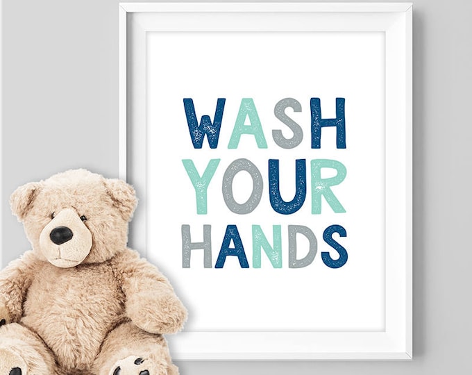 wash your hands poster / wall art print DIY / bathroom sign, NAVY MINT nursery poster for gallery wall ▷ digital printable poster jpeg