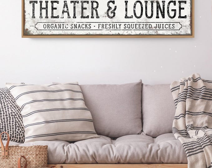 Custom home theater sign with black rule lines, personalized family lounge art