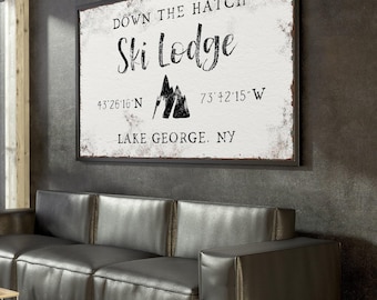 Ski Lodge Wall Art: Rustic Vintage Mountain Print - Custom Coordinates
