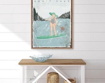 mint green LAKE HAIR Don't Care sign, personalized paddleboarding poster for vintage lake house decor, paddle board gift for her {vpl}