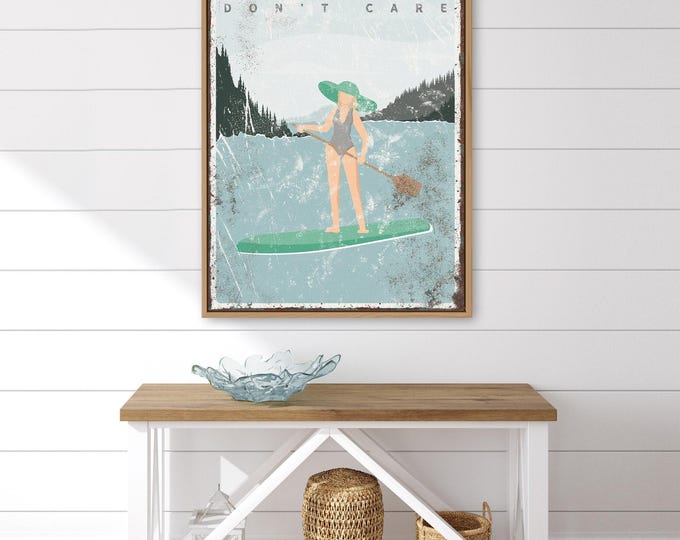 mint green LAKE HAIR Don't Care sign, personalized paddleboarding poster for vintage lake house decor, paddle board gift for her {vpl}