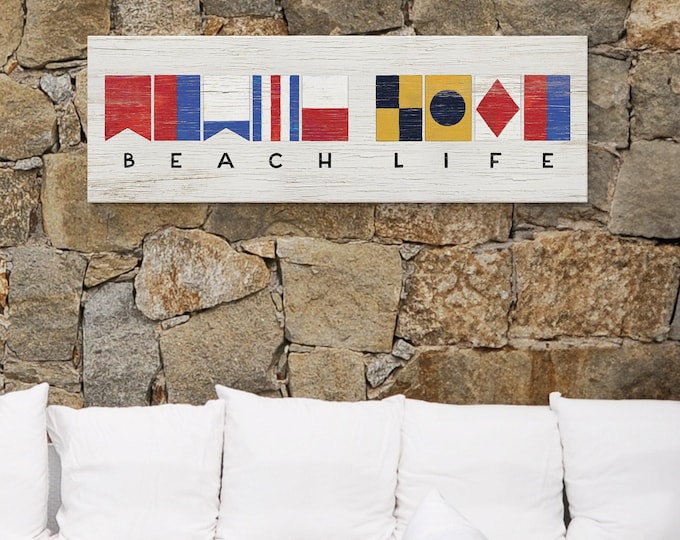 Custom Sailing Flags Canvas Print, Personalized Text with Nautical Flags Alphabet, Beach Life Shown, Custom Sailing Gift for Him {nfw}