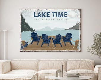 Navy Lake Time Sign - Four Blue Adirondack Chairs, Retro Style