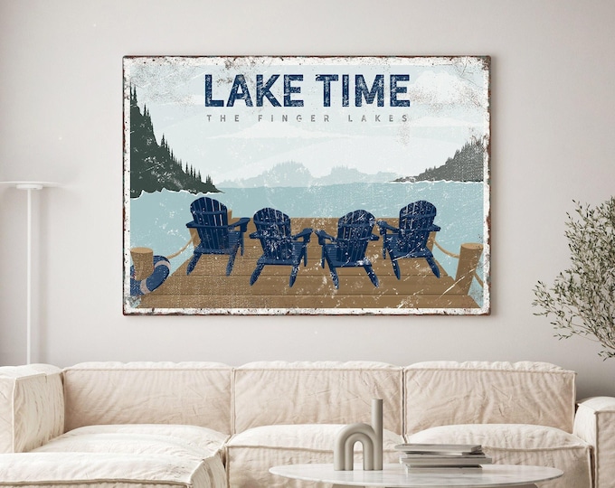 Navy Lake Time Sign - Four Blue Adirondack Chairs, Retro Style