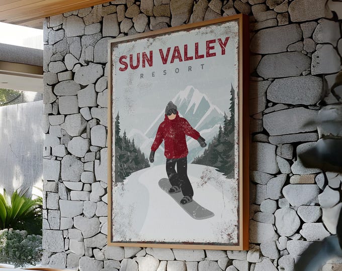 Vintage Maroon Snowboard Poster, Sun Valley Resort Wall Art, Custom Snowboarding Lodge Decor, Gift for Snowboarder, Framed Winter Print, vpw