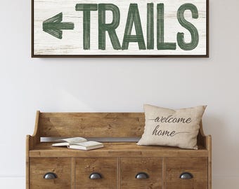 Vintage Ski Trails Sign: Green Lodge Decor with Arrow