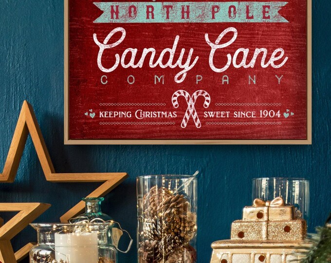 Christmas Wall Sign: North Pole Candy Cane - Rustic Farmhouse Style
