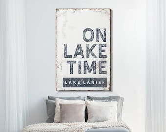 hale navy "ON LAKE TIME" sign > vintage Lake Lanier wall art for nautical lakehouse decor, xl framed canvas, blue lake house sign {brw}
