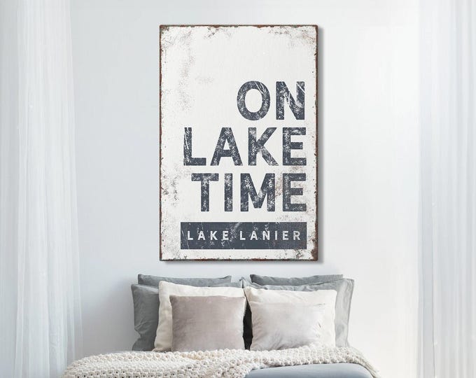 hale navy "ON LAKE TIME" sign > vintage Lake Lanier wall art for nautical lakehouse decor, xl framed canvas, blue lake house sign {brw}