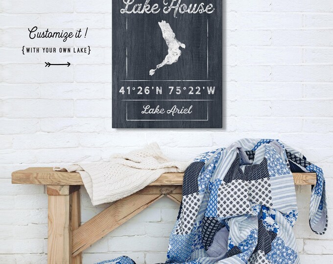 Custom Lake House Sign Canvas (Personalized Coordinates, Rustic Frame)