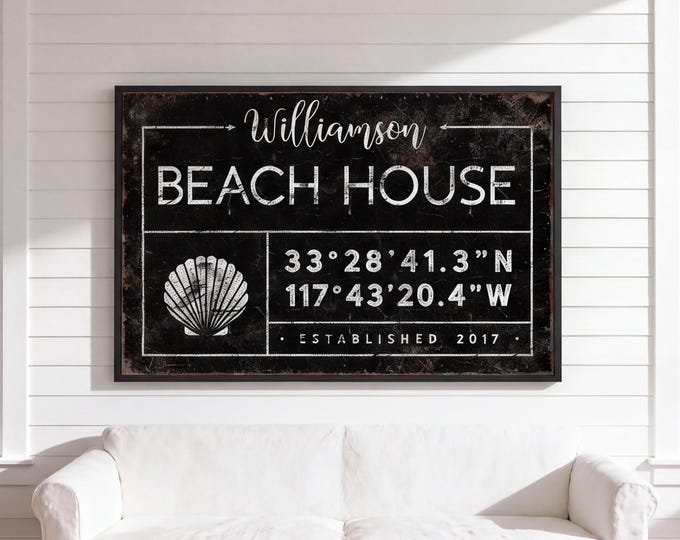 Beach House Sign, Custom Family Name Coordinates, Personalized Coastal Wall Art