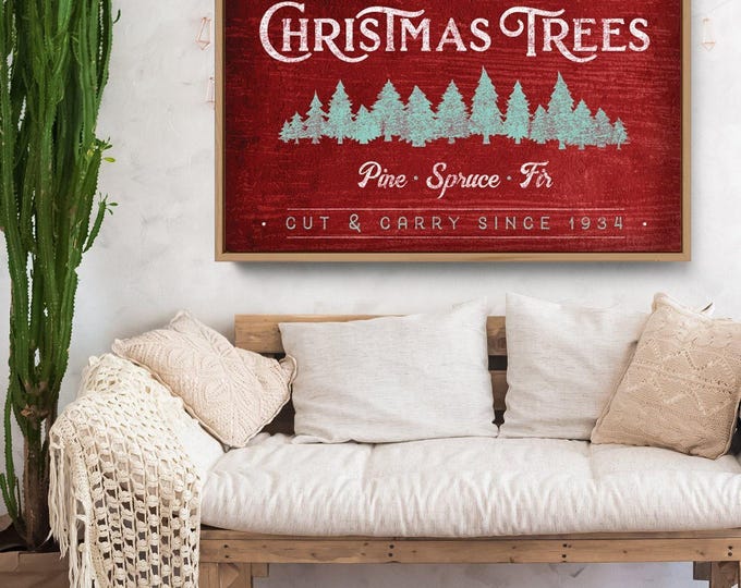 Christmas Tree Farm Sign, Personalized Pine Spruce Fir in Mint on Deep Red, Cut and Carry Decor