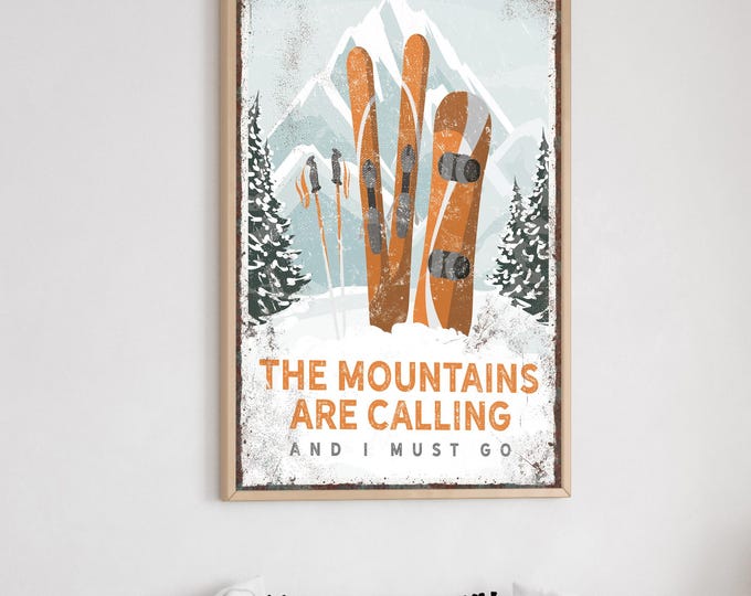 Ski Lodge Decor, Mountain Wall Art, Winter Home Decor, Vintage Ski Poster, Orange Snowboard Canvas, Custom Mountain Hanging, Gift for Dad