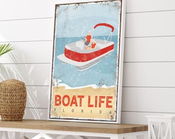 Vintage BOAT LIFE Poster, Custom Beach Sign with Couple on Pontoon Boat, Florida Beach Decor, Can be Personalized, Gift for Boat Owner {vpb}