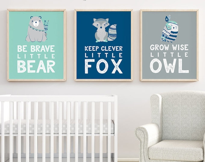 tribal nursery posters / DIY wall art print set: brave bear, clever fox, wise owl  / animal nursery sign, NAVY MINT ▷printable poster jpeg