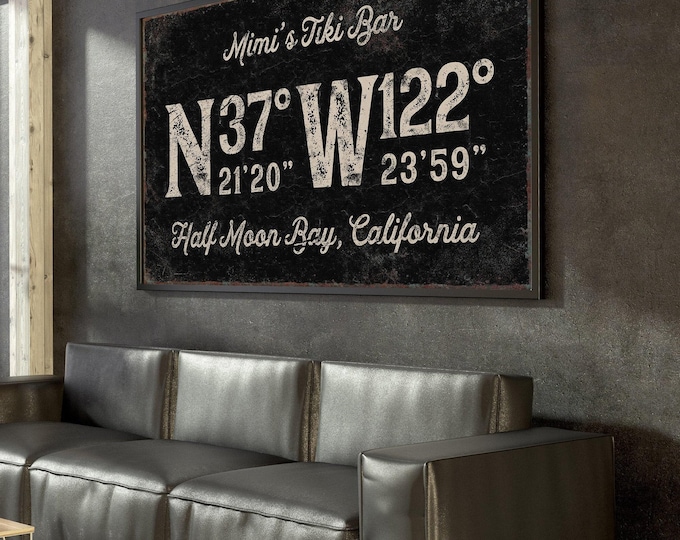 Coordinates Bar Sign - Custom Tiki Art with Rustic White Frame