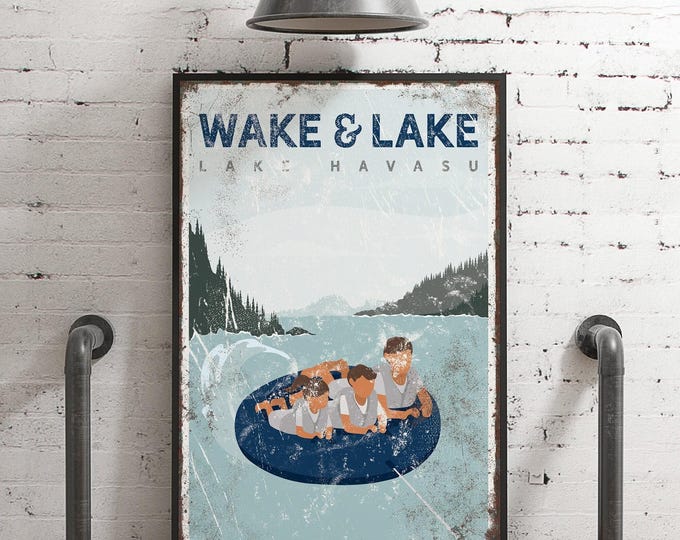 navy blue WAKE & LAKE sign, personalized family tubing poster, vintage lake house decor, family of 3, kids tubing lake havasu poster {vpl}