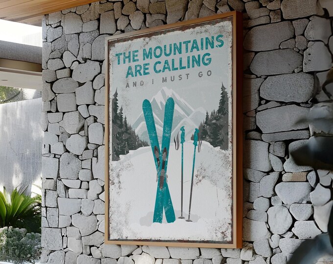 The MOUNTAINS ARE CALLING Poster in Teal, Retro Ski Mountain Wall Art, Can be Personalized, Vintage Ski Gift for Her, Skis and Poles {vpw}
