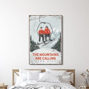 Personalized snowboarding art print for ski house decor, Vintage mountain wall art, THE MOUNTAINS are CALLING sign (Park City) {vph}