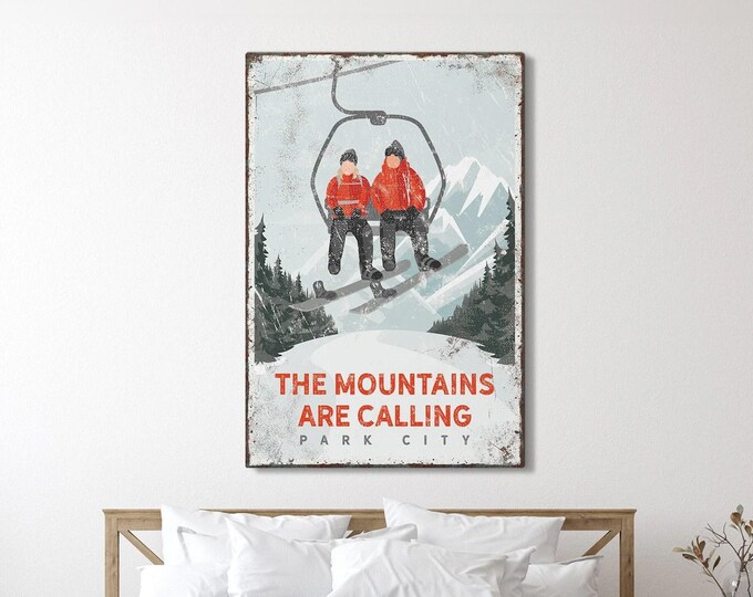 Personalized snowboarding art print for ski house decor, Vintage mountain wall art, THE MOUNTAINS are CALLING sign (Park City) {vph}