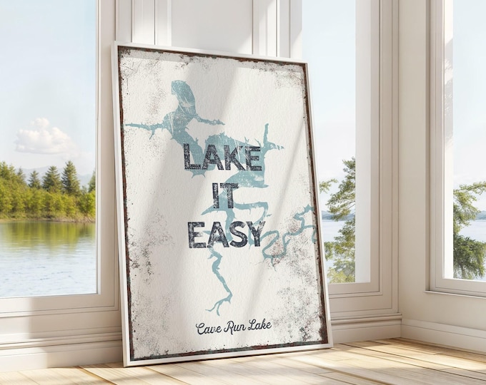Holiday Lake It Easy Map Sign With Your Own Lake Name In Dusty Blue, Gray