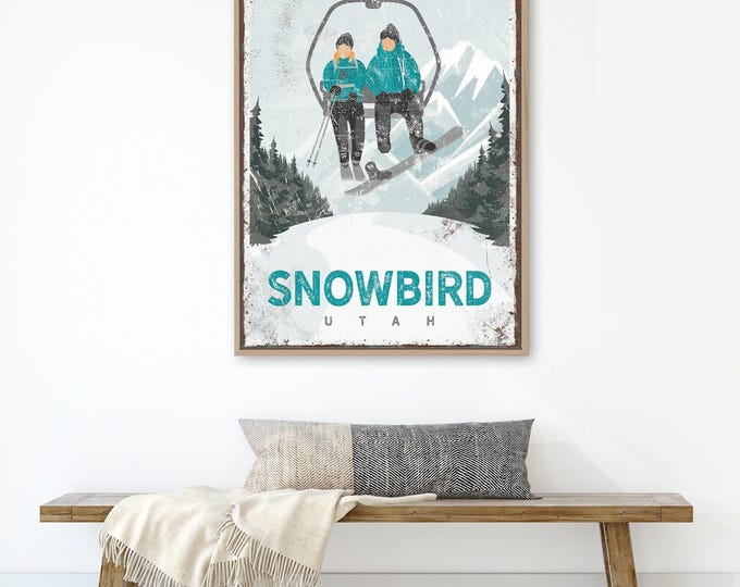 vintage wall art for ski house decor, personalized mountain art print, snowboard and ski lodge sign on canvas (Snowbird , Utah) {vph}