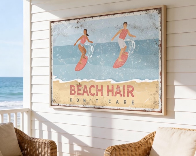 Coral Beach Hair Canvas Sign - Coral Pink Surfing Couple Wall Art Print