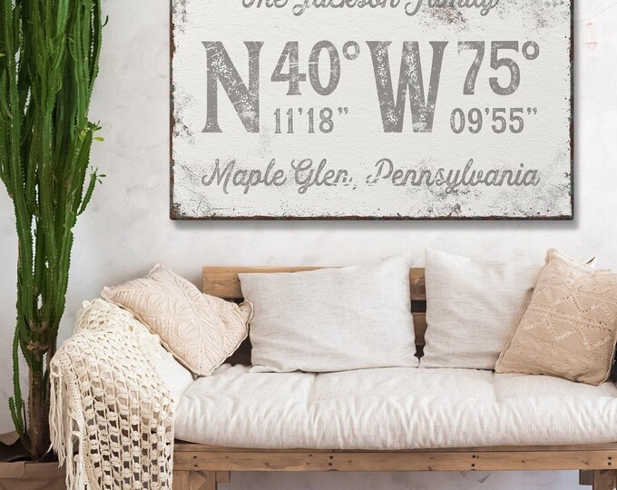 distressed COORDINATES sign, taupe gray last name canvas, personalized longitude latitude GPS art print for rustic farmhouse decor {gpw}