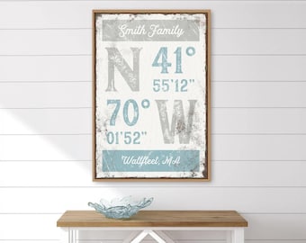 Coastal Coordinates Wall Art, Blue Gray, Personalized (Last Name & Location)
