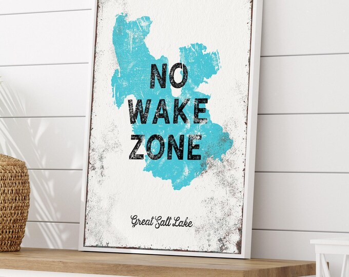 No Wake Zone Canvas Sign, Vintage Style, Turquoise Blue (Custom Lake)