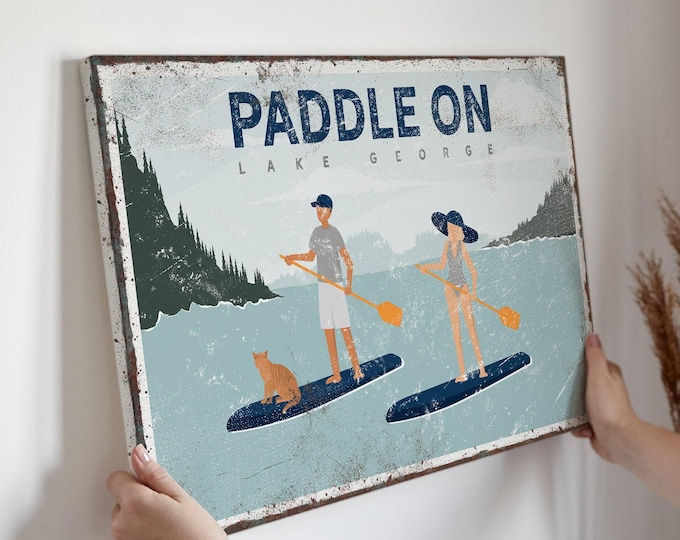 Vintage Lake House Sign: Personalized Paddleboard Art, Navy Blue