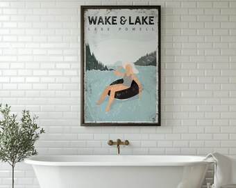 Sunbathing Retirement Gift Art, Lake Powell Sign, Woman Tubing Poster, Vintage Lake Rental Print, Cozy Home Wall Decoration {vpl}