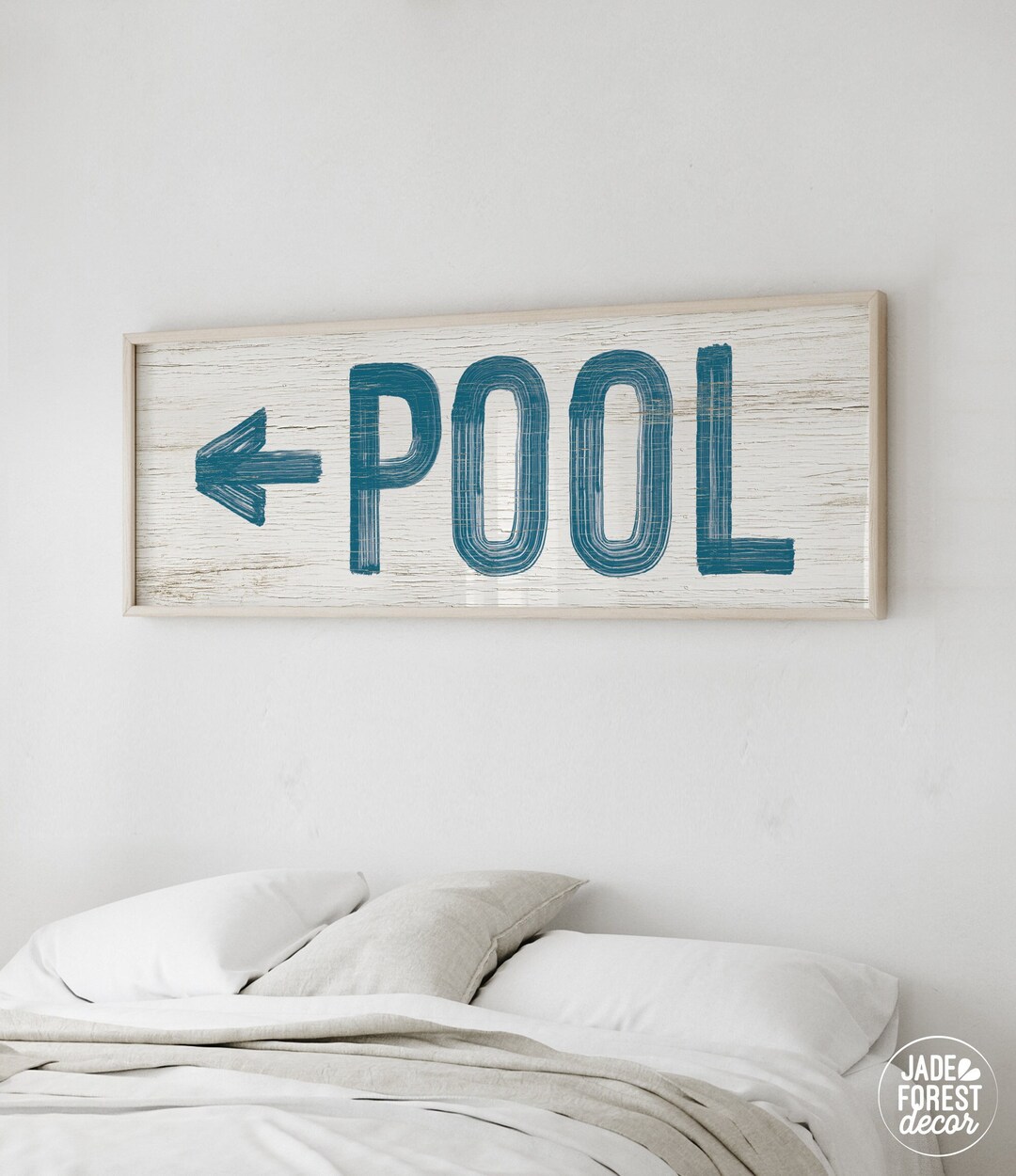 Pool Left Arrow Sign, London Blue on White, Pool Patio Wall Art, Faux