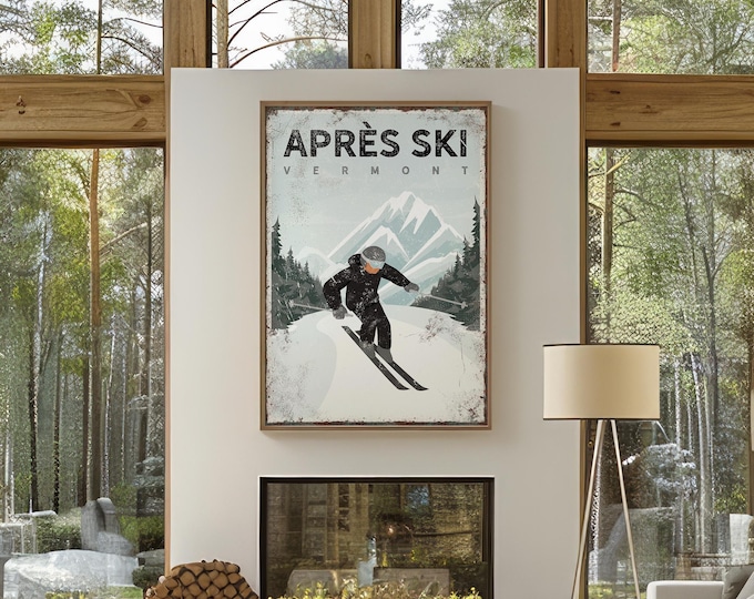 Skiing Wall Art: Personalized Vermont Lodge Decor - Rustic Style