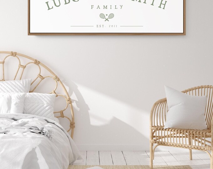 Family Name Wall Sign: Tennis Sports Print - Rustic Farmhouse Frame