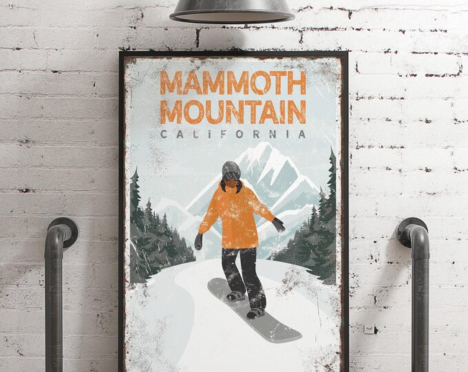 vintage snowboard poster > custom canvas print, gift for female snowboarder, retro mountain house decor wall art (Mammoth Mountain) {vpw}
