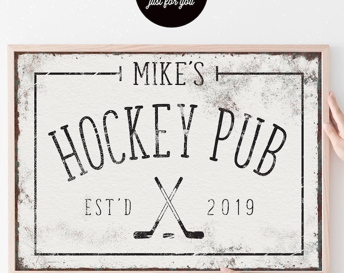 Vintage Hockey Pub Poster - Personalized Black and White Bar Sign