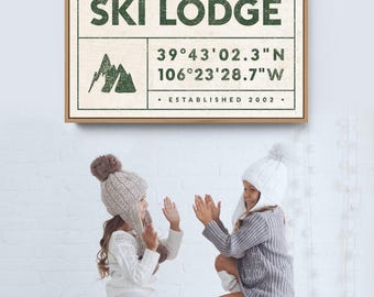 Ski House Canvas Art: Personalized Last Name - Rustic Farmhouse Style