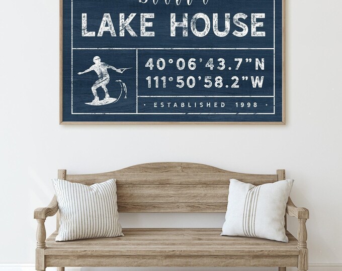 Lake House Canvas Sign, Personalized Wakeboard Art (Custom Name & Year)